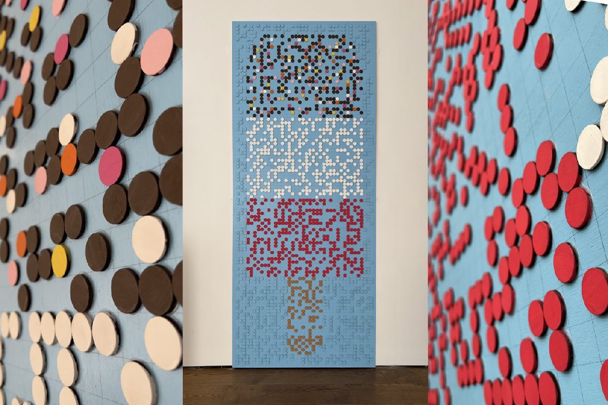 A montage of three perspectives of an artwork made of braille spots in the shape of a Fab lolly. Different colours show the lolly’s chocolate-dipped top, the bands of red and white, and the lolly’s stick.